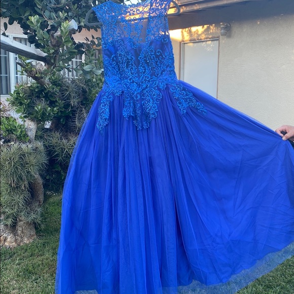 Royal Blue Lace & Tulle Floor-Length Ball Gown with Built-In Petticoat - Picture 11 of 17